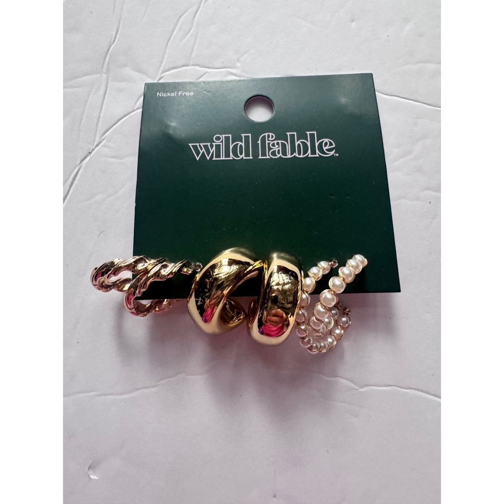 Wild Fable Gold Tone Hoop Earring Set 3 Pairs Chunky Twisted Faux Pearl